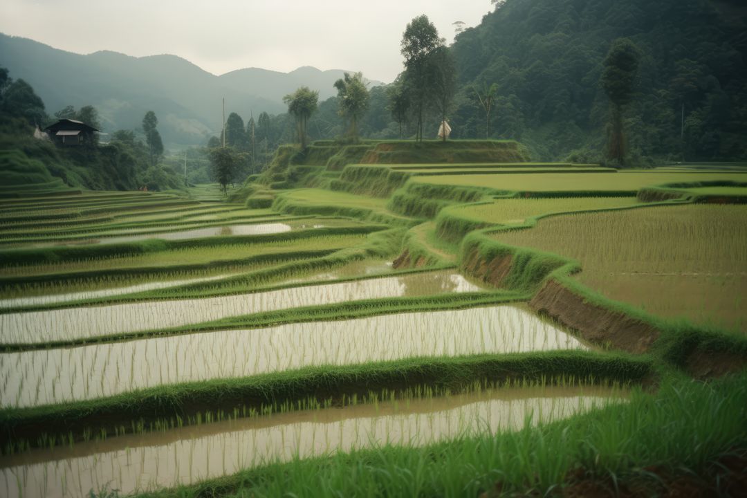 General view of rice field with farmhouse, created using generative ai technology - Free Images, Stock Photos and Pictures on Pikwizard.com