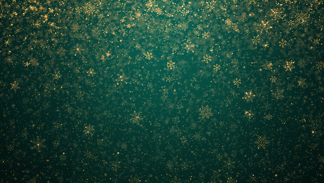 Golden Snowflakes Drifting Over Deep Teal Bokeh Background for Festive Holiday Design