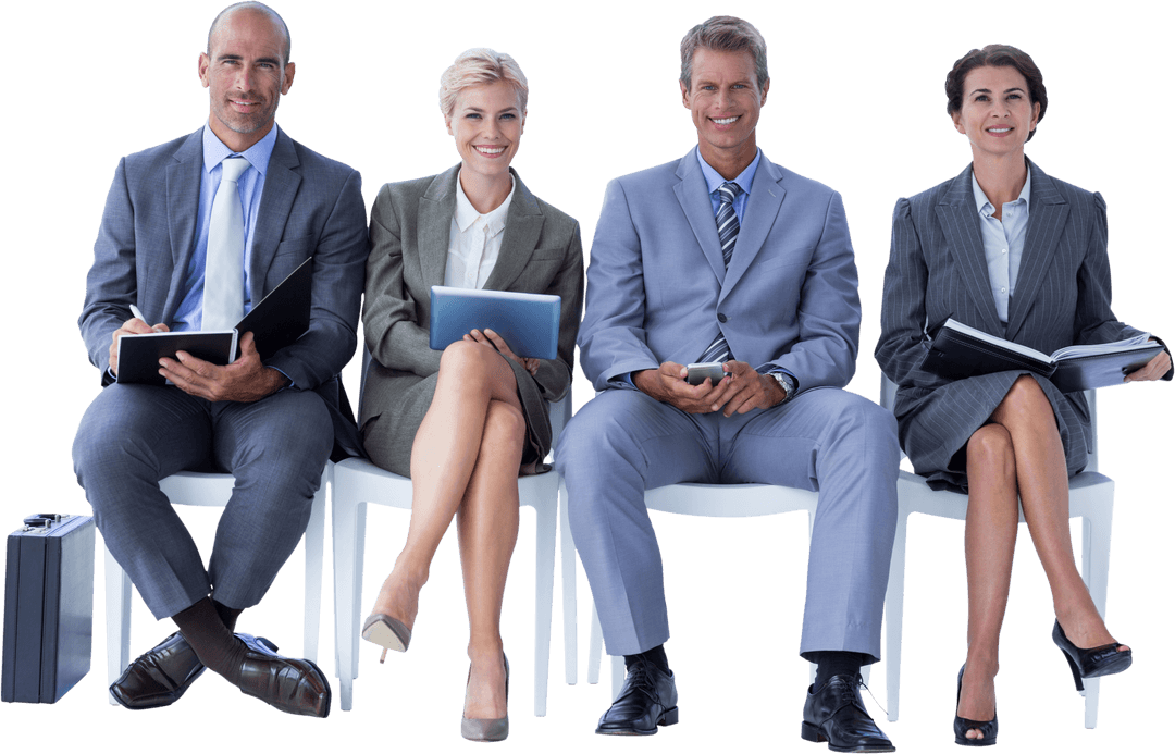 Diverse Business Professionals Waiting for Interview on Transparent Chairs