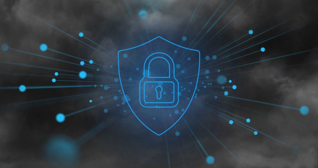 Digital Security Concept with Padlock Shield Illuminated in Cloudy Background