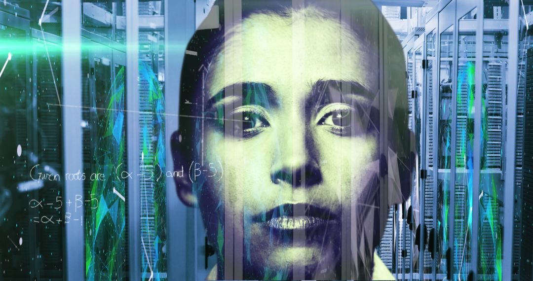 Futuristic Digital Portrait with Mathematical Equations and Technology