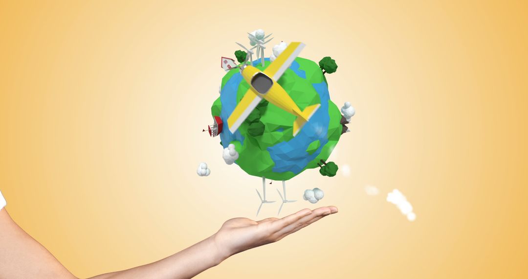 Hand Holding Miniature Earth with Airplane and Trees for Global Travel
