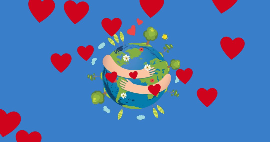 Hearts Surrounding Planet Embraced by Supporting Hands