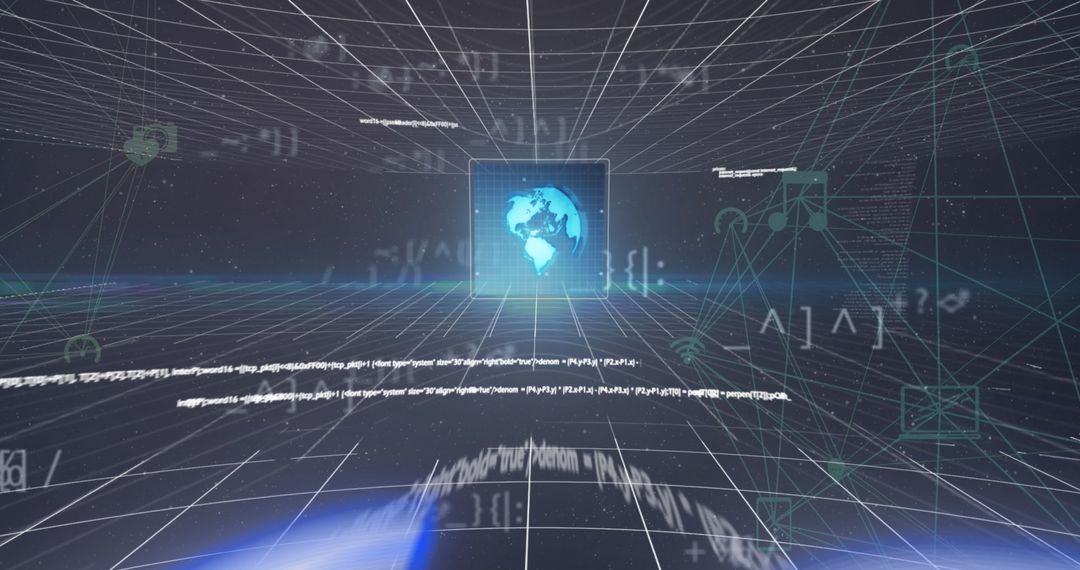 Digital Globe with Futuristic Data Symbols in Virtual Space