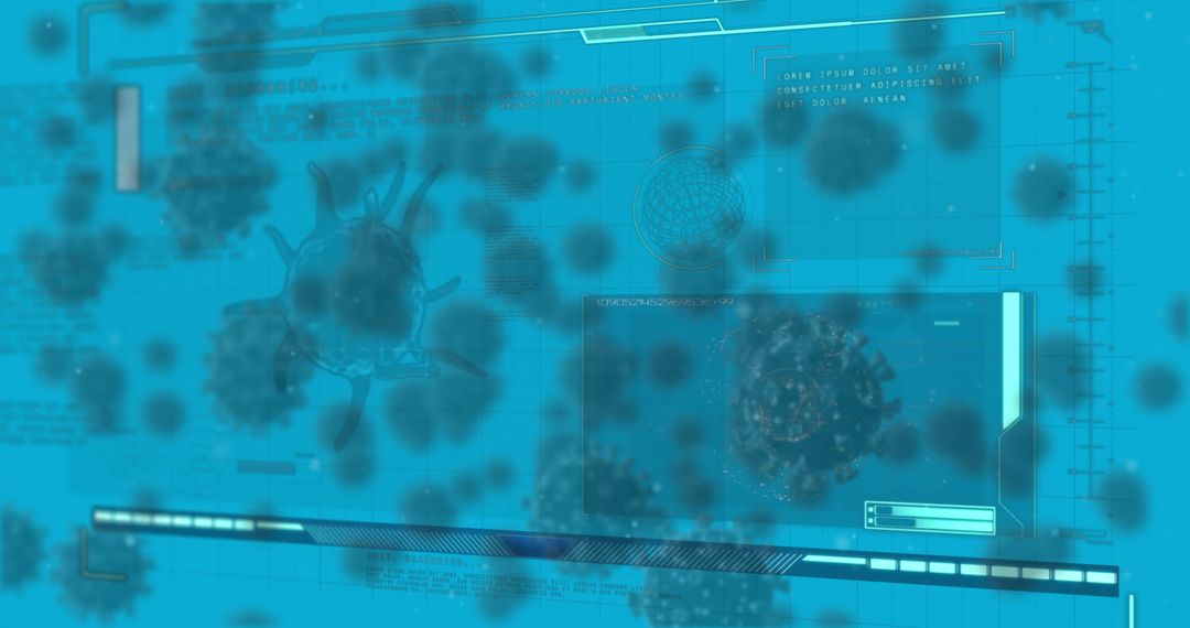 3D Virus Model Inside Digital HUD Interface on Blue Background