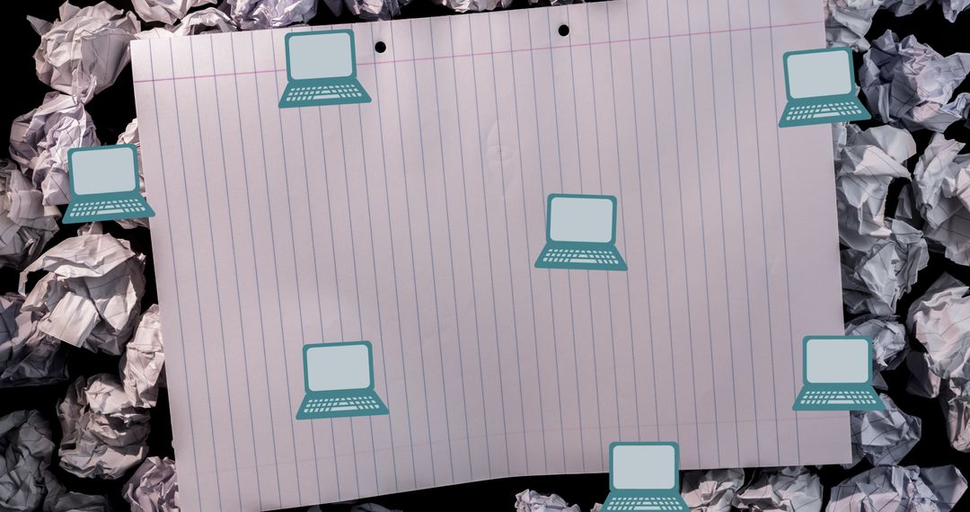 Blank Notebook Paper with Crumpled Balls and Laptop Icons