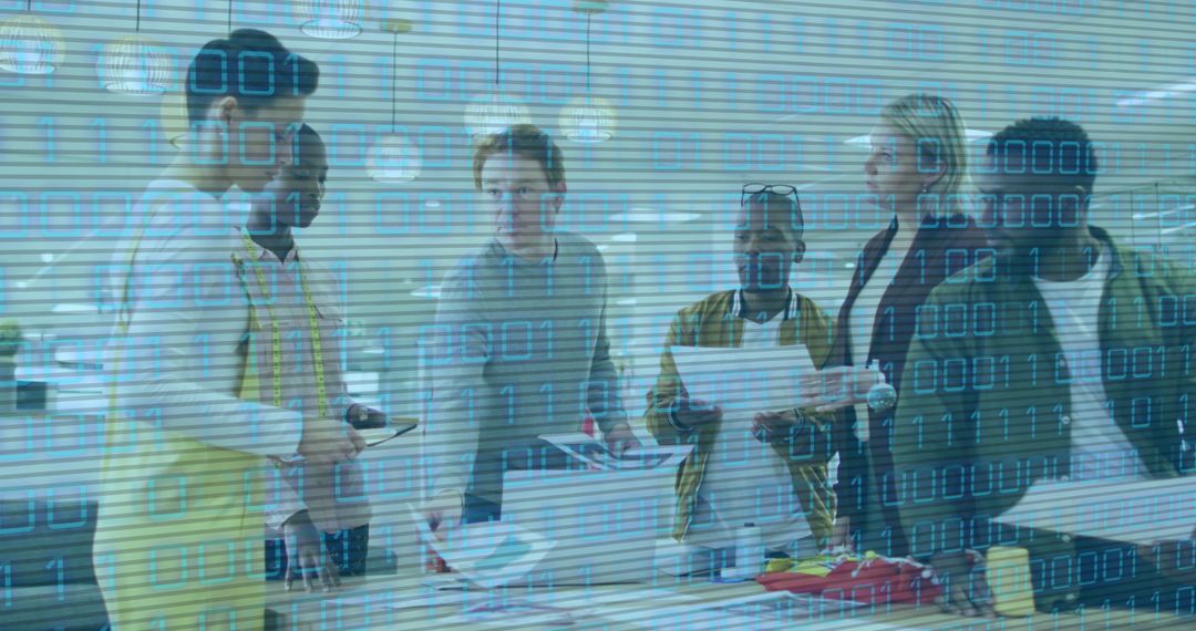 Diverse Team Discussing in Modern Office with Digital Overlay