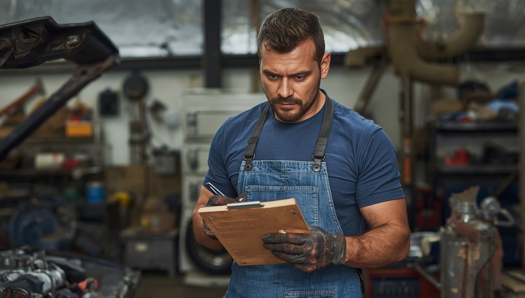 Male Mechanic in Workshop Writing Clipboard Notes