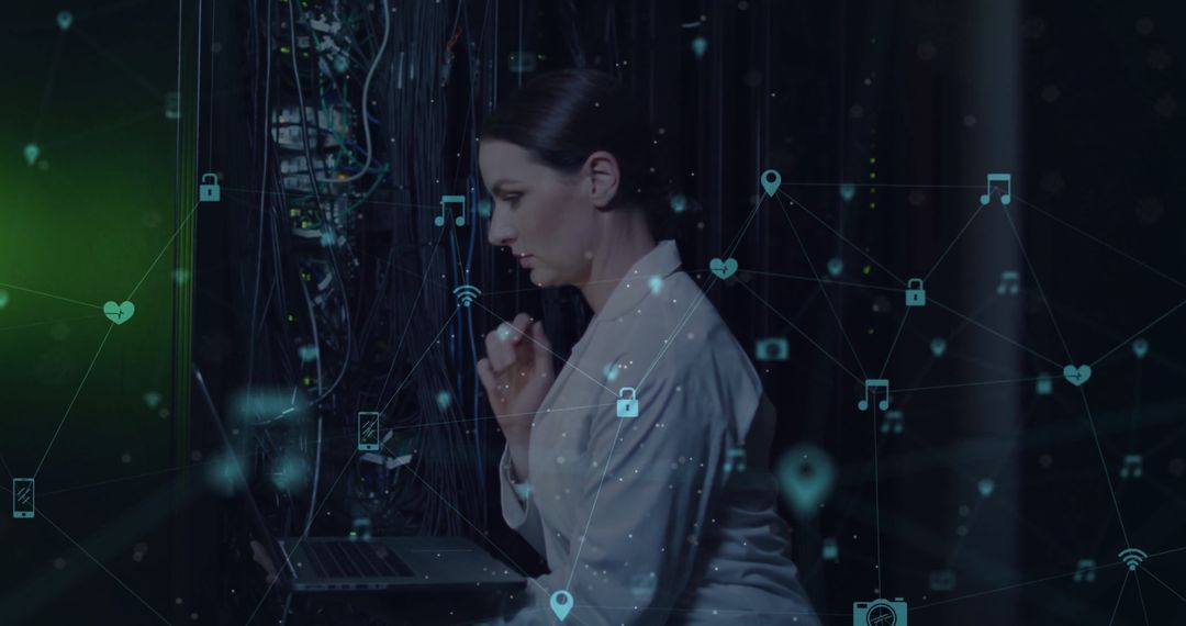 Female IT Technician Analyzing Data in Server Room with Overlay Icons