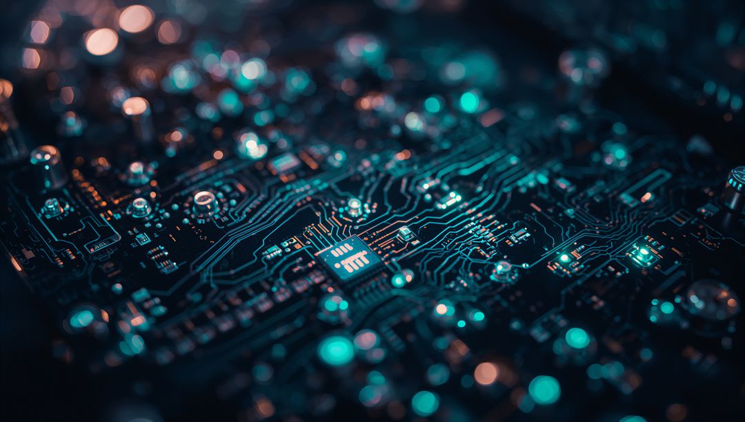 Futuristic Microchip Radiates on Circuit Board with Teal Glow