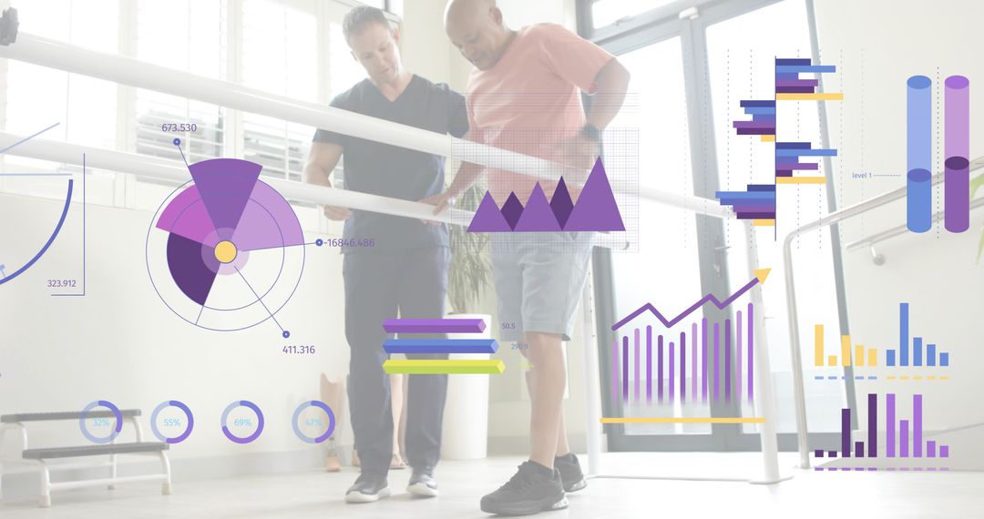 Therapist Guiding Patient During Gait Training on Parallel Bars with Infographic Overlay
