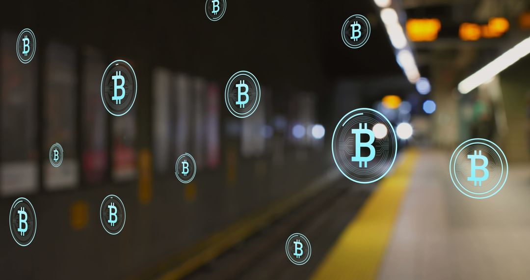 Bitcoin Symbols Floating Near Subway Escalator, Cryptocurrency Technology Concept