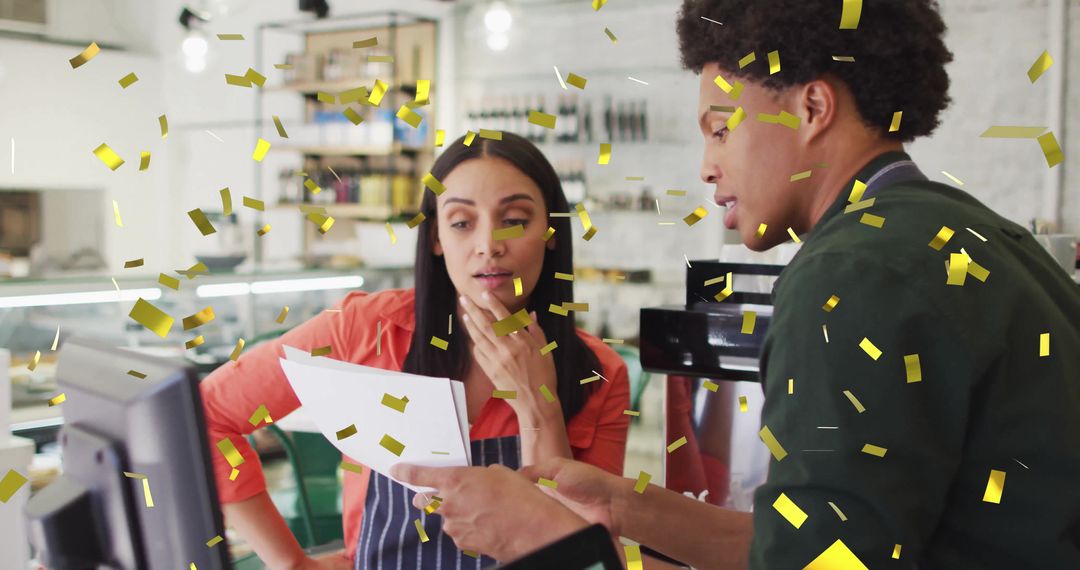Cafe Staff Bonding Over Celebration with Confetti in Rustic Setting