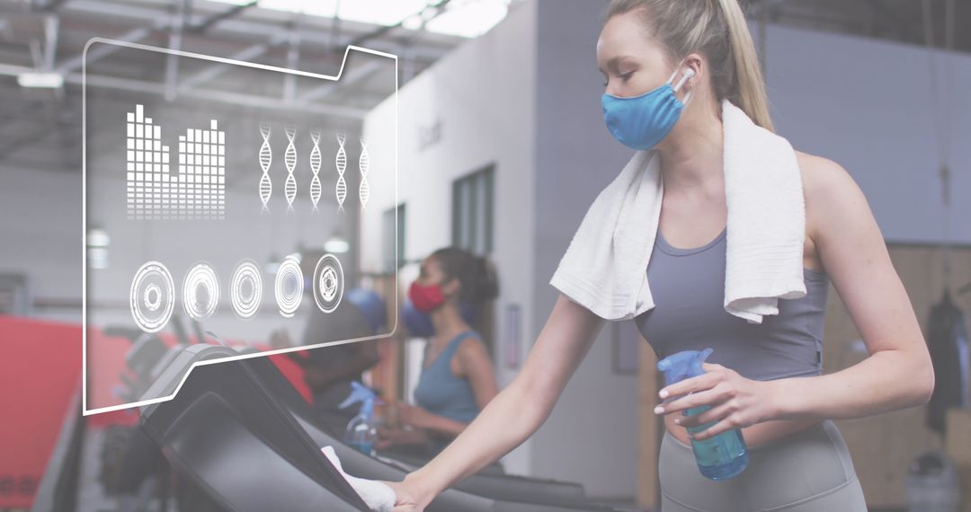 Women Exercising with Data Overlay in Gym Wearing Masks
