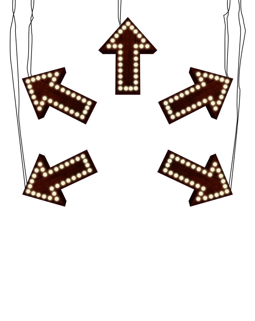 Vintage Arrow Signboard with Light Bulbs on Transparent Background