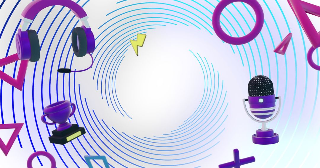 Colorful 3D Gaming Icons and Gadgets on Spiral Background