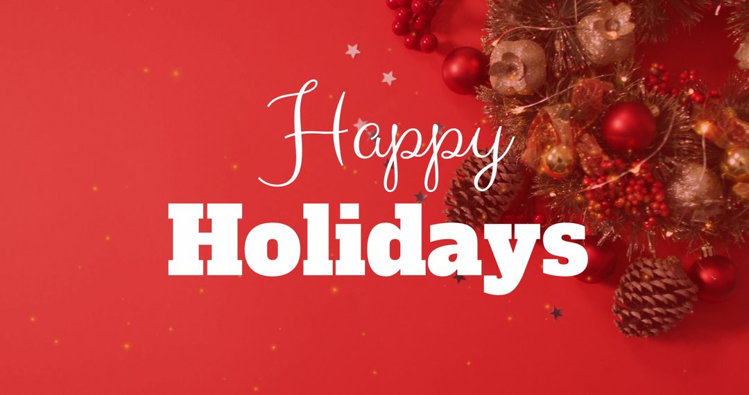 Festive Wreath and Happy Holidays Text on Red Background