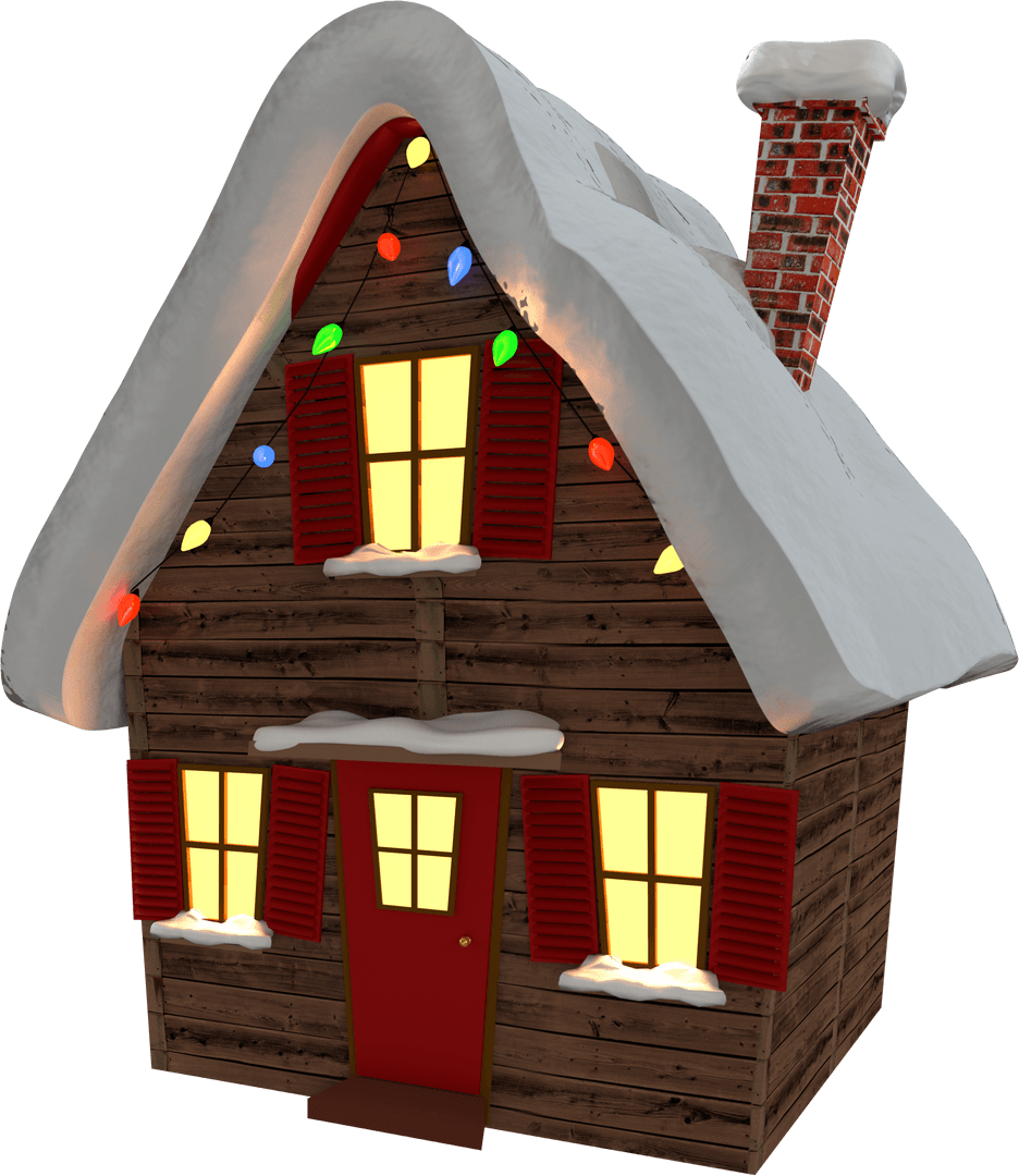 Winter Cottage with Colorful Christmas Lights on Transparent Background