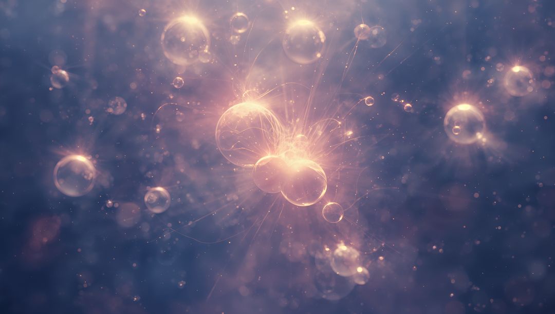 Glowing Bubble Cluster Releasing Pink-Gold Filaments Amid Bluish-Violet Bokeh Particles