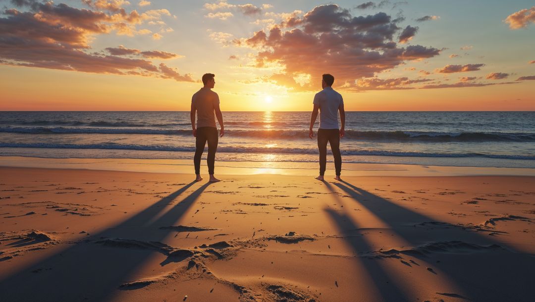 Two Friends Enjoying Sunset on Tranquil Beach