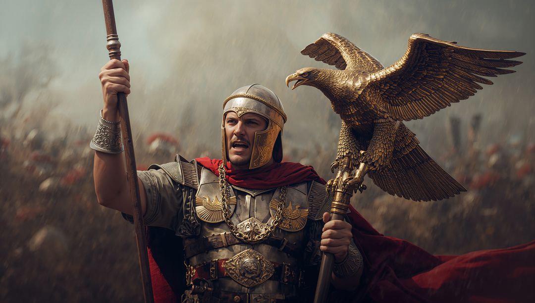 Shouting Roman Commander Raising Spear and Holding Gilded Eagle Standard Wearing Red Cloak
