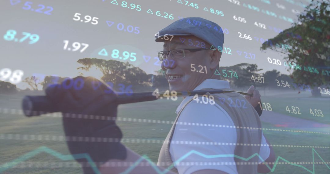 Joyful Golfer on Fairway with Financial Indicators in Background