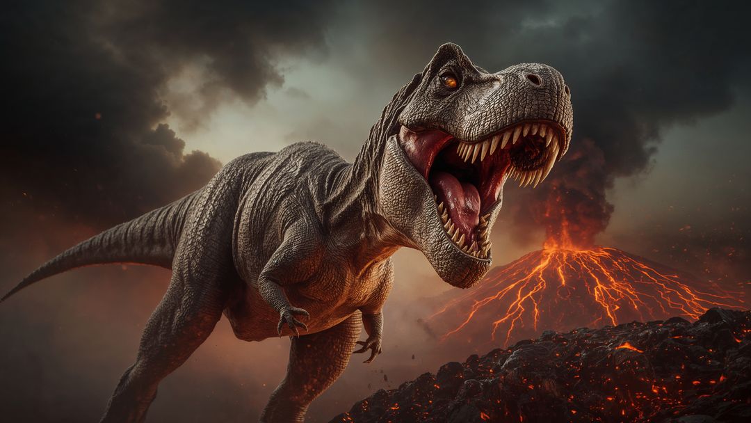 Roaring Tyrannosaurus Rex with Erupting Volcano Backdrop