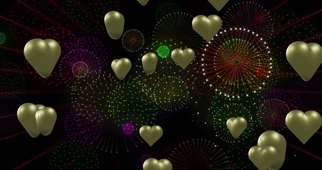 Floating Gold Hearts with Fireworks Celebration