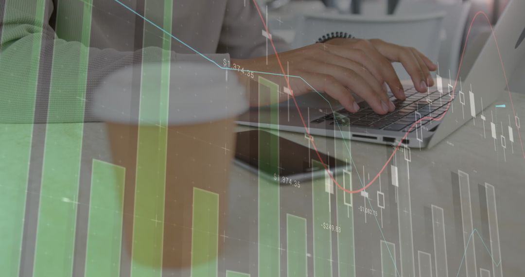 Woman Analyzing Business Data on Laptop with Digital Interface Overlay