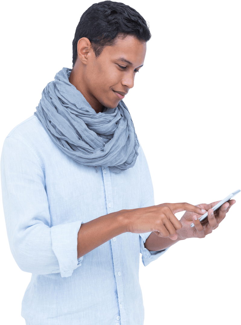 Young Man Interacting with Smartphone Transparent Background