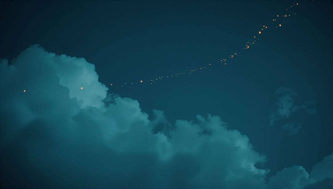 Enchanted Night Sky with Glow Light Trail Through Dreamy Clouds