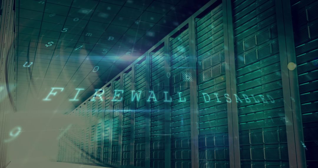 Cyber Security Threats Over Modern Server Room with Digital Overlay