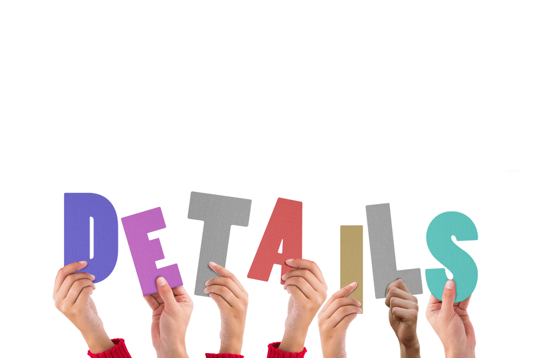 Hands Holding Letters Spelling Details on Transparent Background