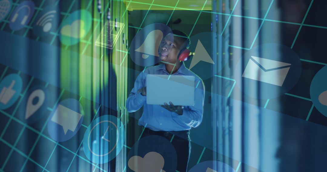 African American Technician Reviewing Data in Cloud Computing Environment