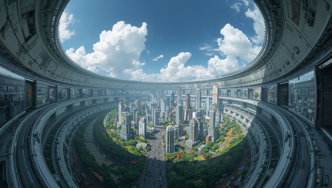 Futuristic Circular Megastructure Revealing Dense Downtown Skyline, Parks, Boulevards