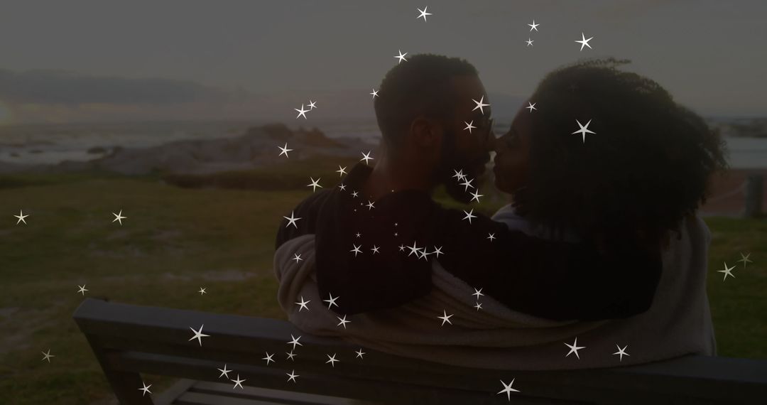 Couple Embracing on Seaside Bench at Dusk with Sparkles