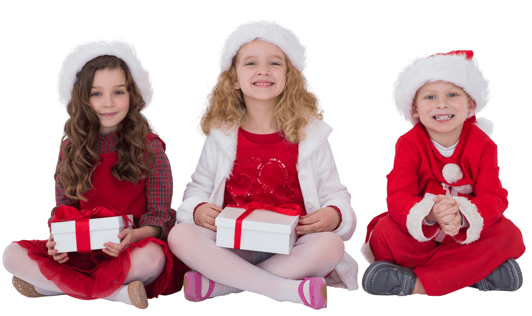 Smiling Festive Children Holding Gifts Wearing Santa Hats Transparent