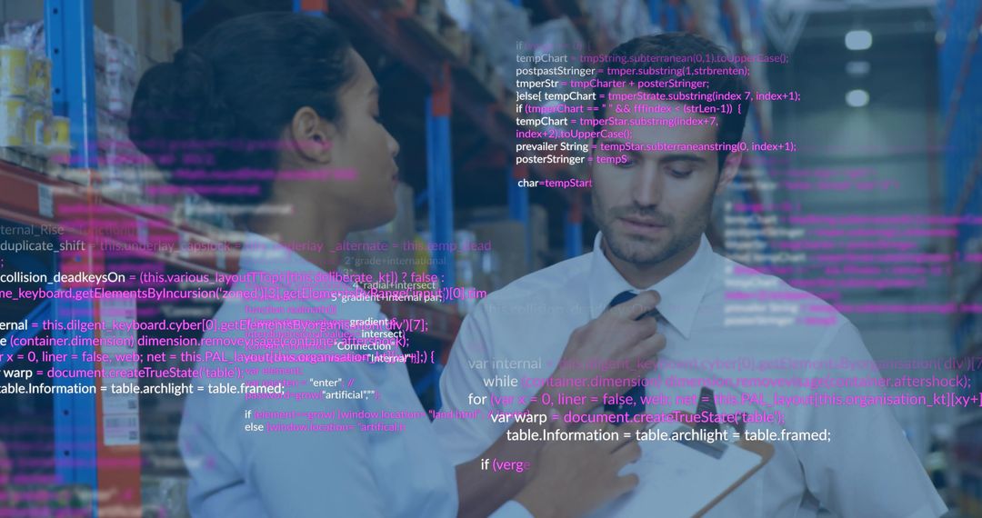 Warehouse staff discussing inventory while digital code overlay signals smart logistics