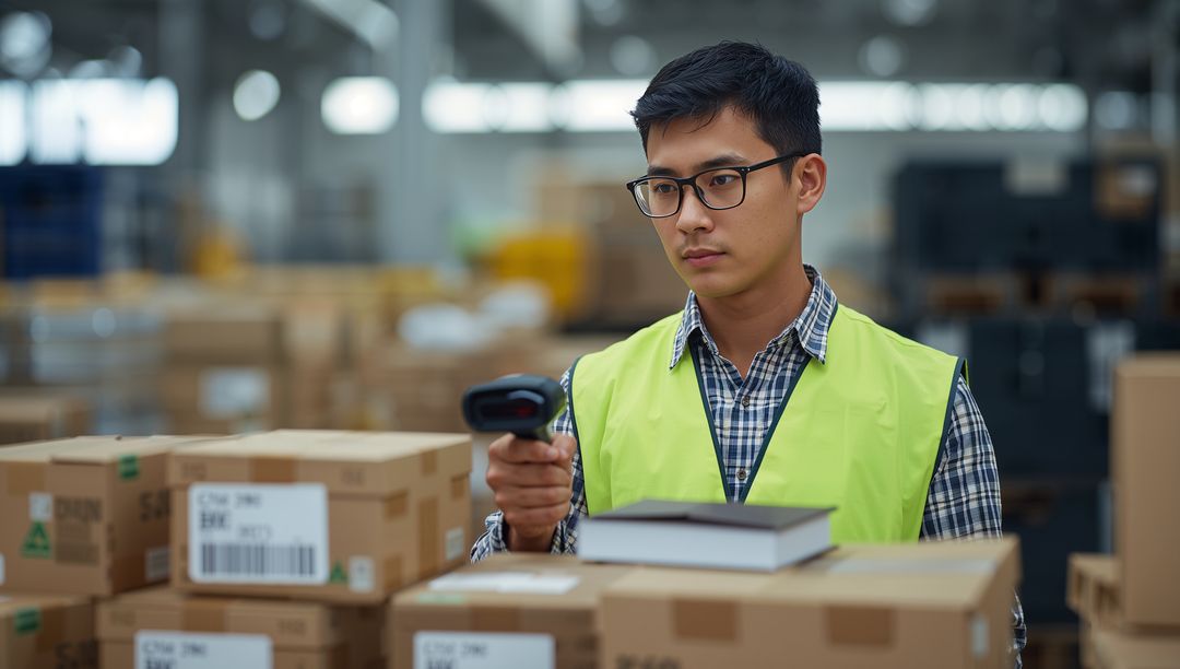 Asian Warehouse Worker Scanning Barcodes with Handheld Scanner for Inventory Control