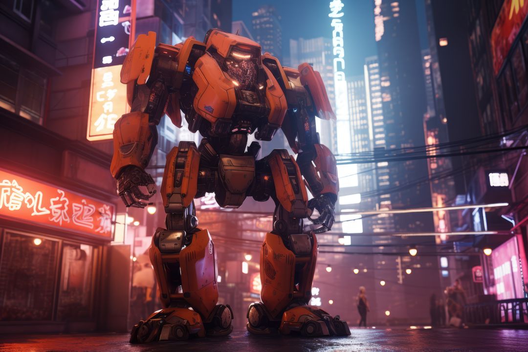 Mecha giant robot with lights over cityscape, created using generative ai technology - Free Images, Stock Photos and Pictures on Pikwizard.com