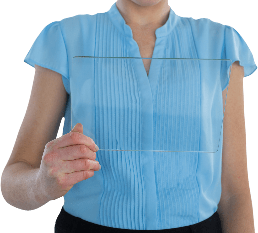 Businesswoman Holding Transparent Interface in Blue Blouse