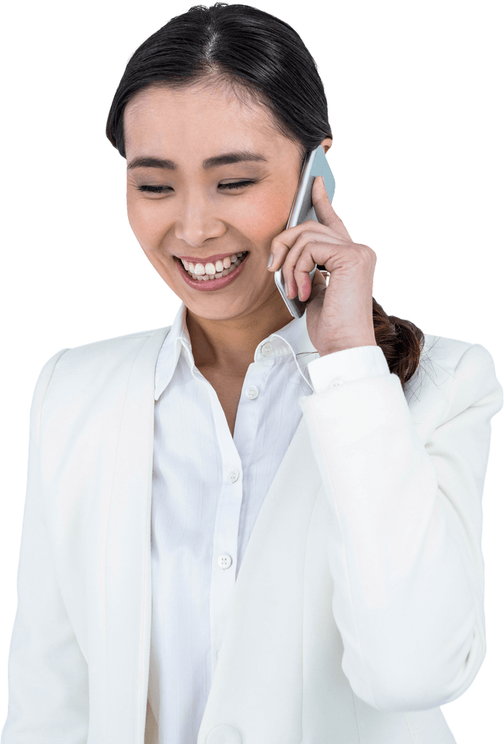 Smiling Businesswoman in White Jacket Using Smartphone Transparent PNG