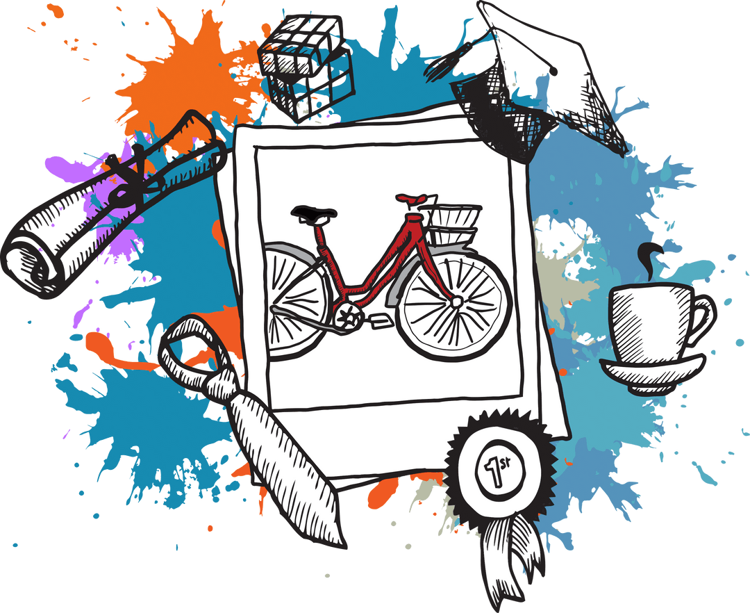 Transparent Creative Icons with Bicycle Sketch on Abstract Splash