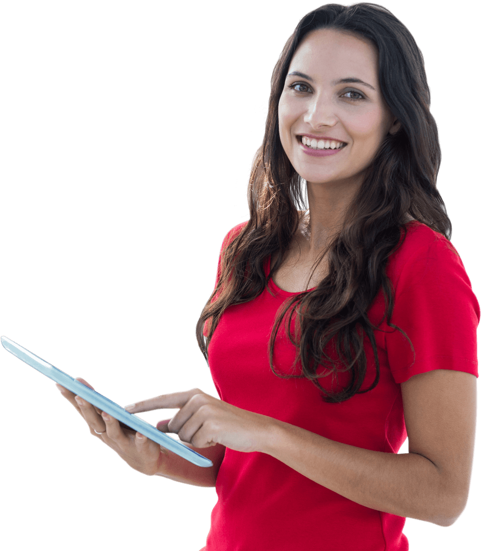 Smiling Woman in Red Using Tablet Transparent Background