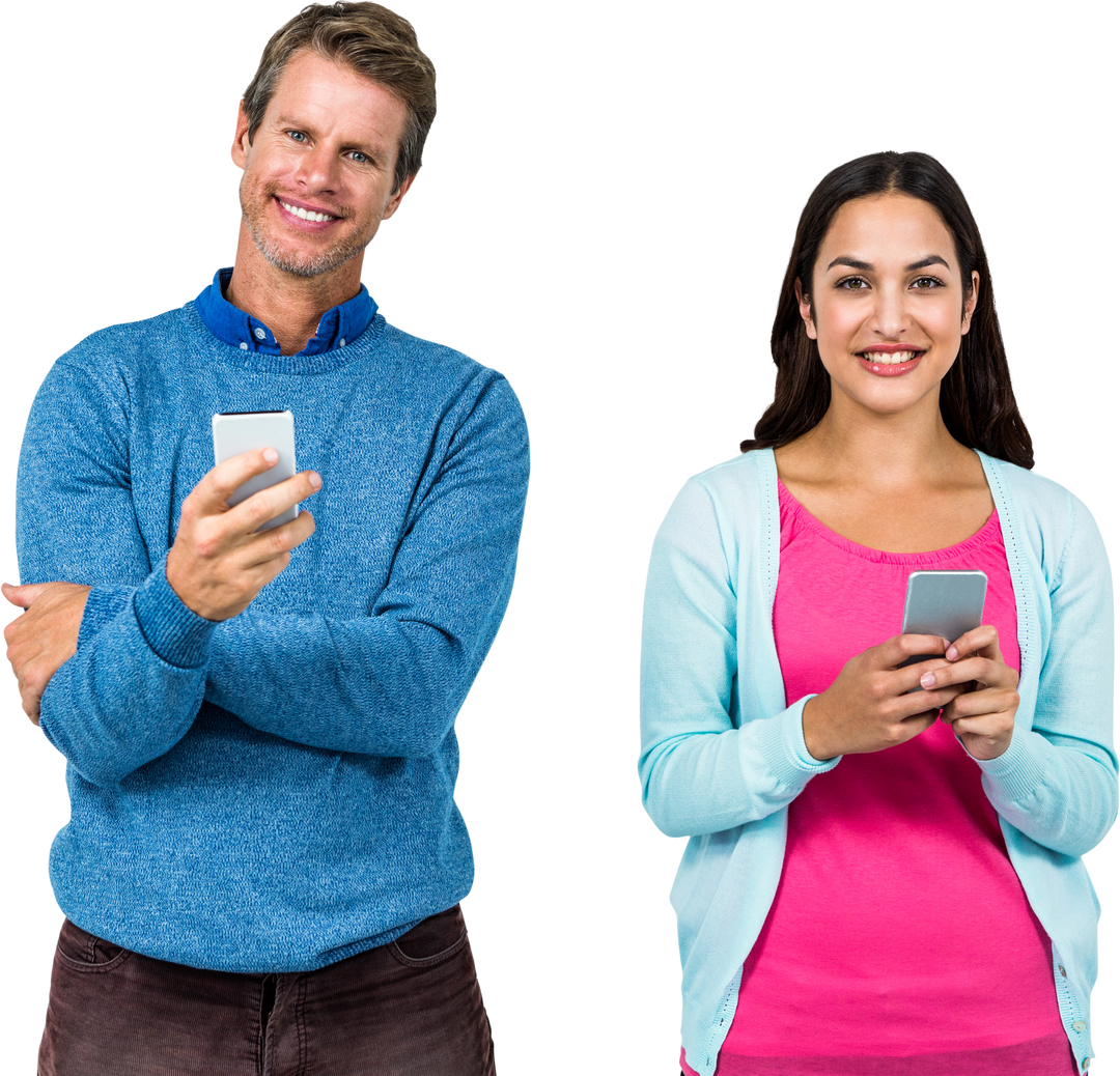 Smiling Man and Woman Using Smartphones on Transparent Background - Download Free Stock Images Pikwizard.com