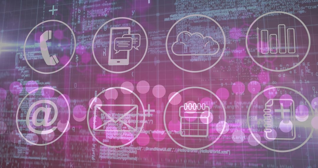 Digital Communication Icons Overlay on Technology Grid