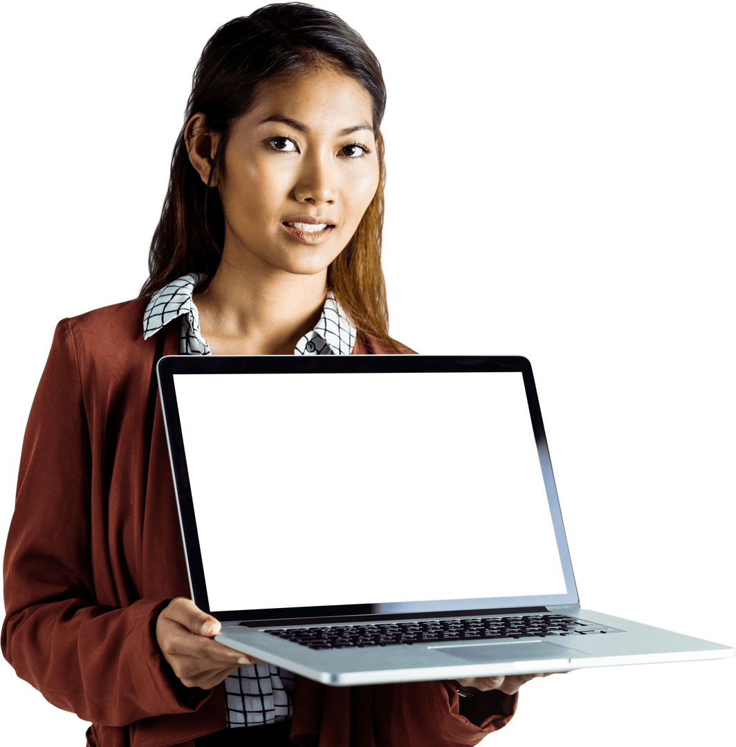 Businesswoman Presenting Transparent Laptop Screen for Design