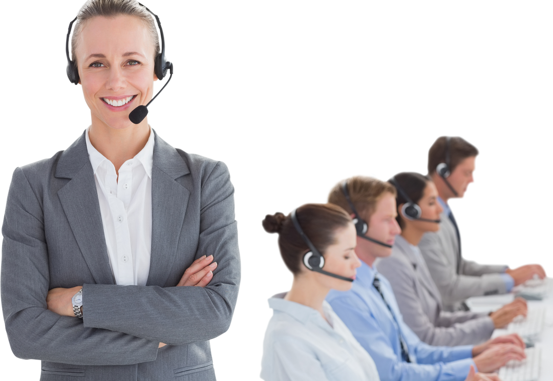 Happy Call Center Manager with Team in Transparent Background - Download Free Stock Images Pikwizard.com