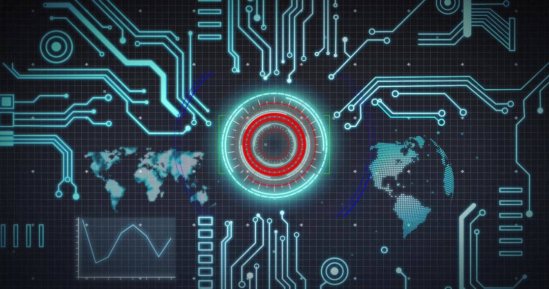 Futuristic Digital Interface with World Map and Circuit Connections