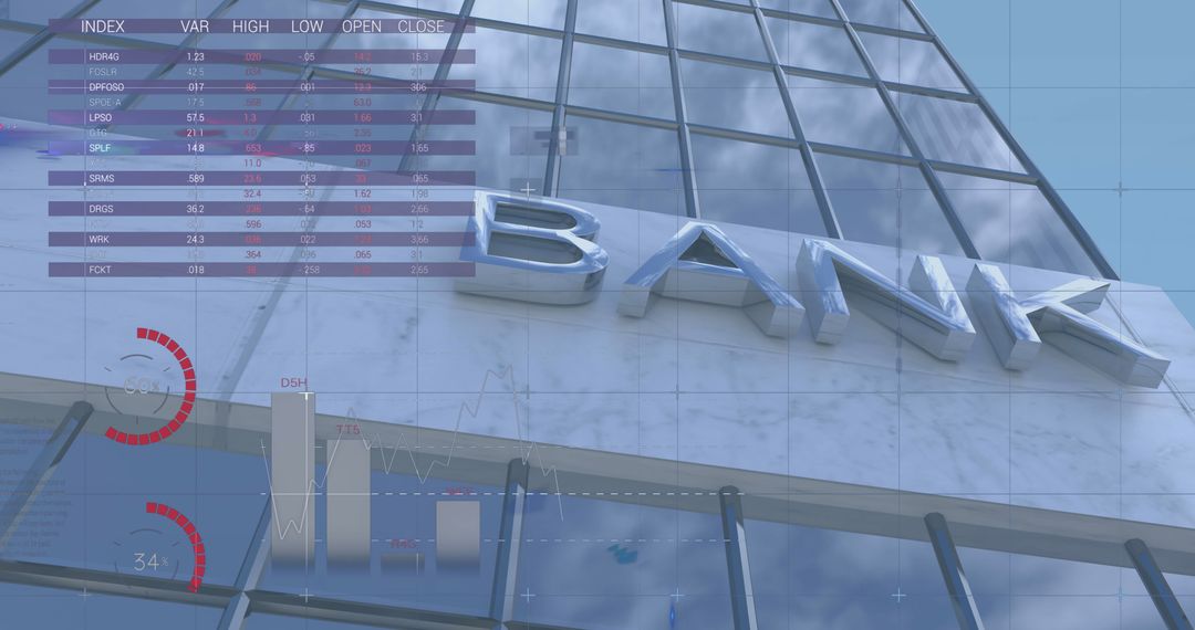 Bank Building with Financial Data Overlay